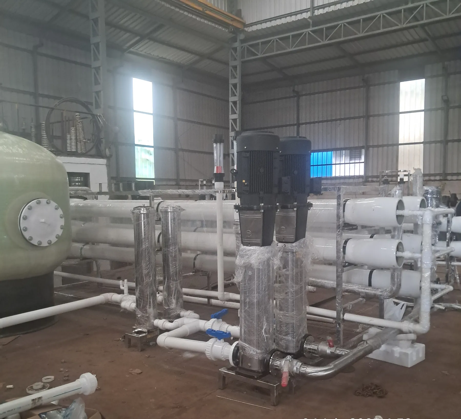 Reverse osmosis trains with their high-pressure pumps, assembled in our works